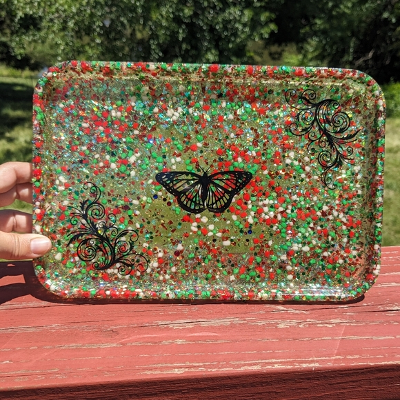 Christmas Butterfly Candy Tray Large Sparkly Red Green White Nerds Candy Resin - Picture 6 of 10